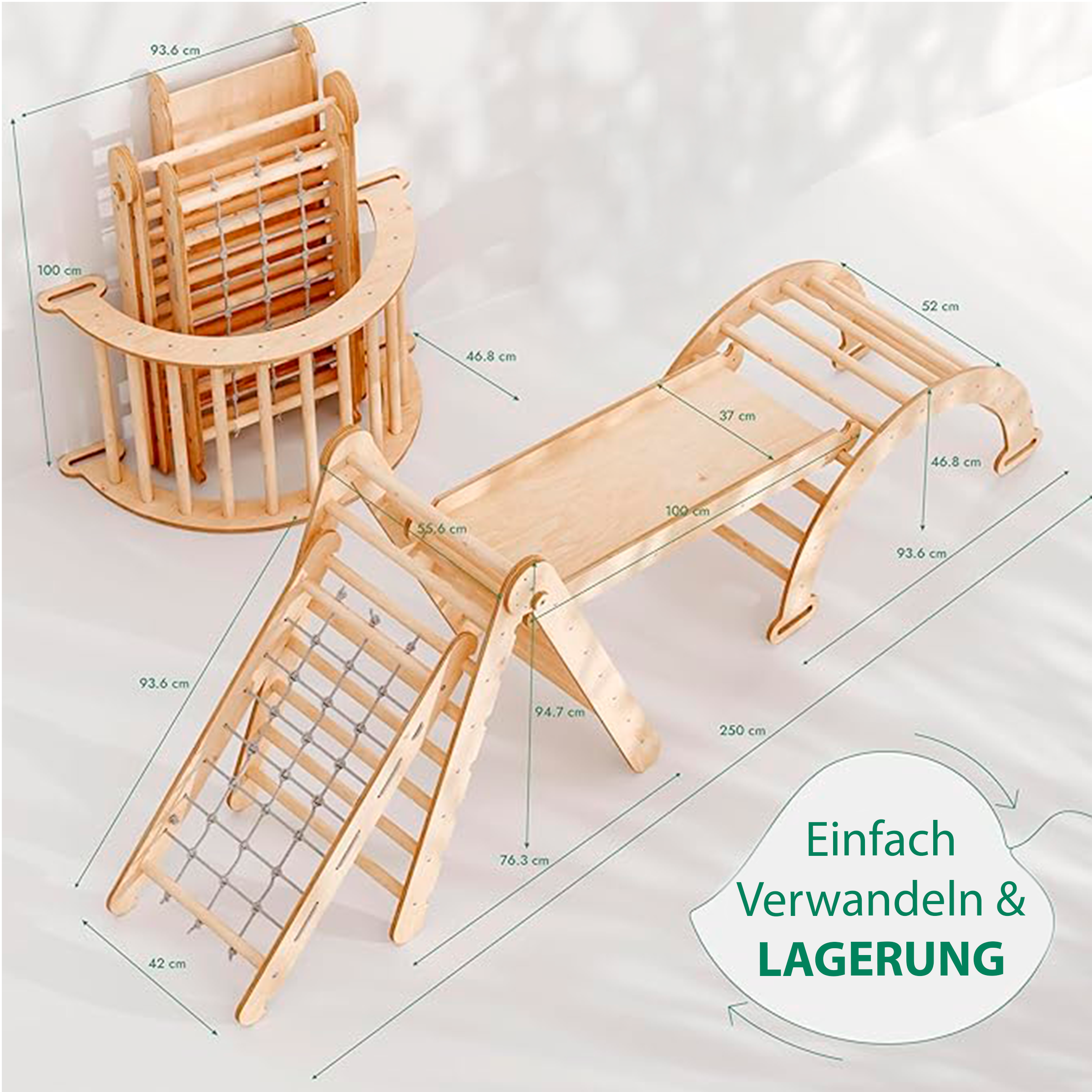 4in1 Montessori Klettergerüst Set: Kletterdreieck mit Rutsche, Kletterbogen, Kletternetz, für Kinder 1-7 Jahre – Beige-1